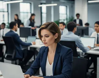 Een medewerkers die aan het werk is op een laptop, op de achterkant zie je andere medewerkers die aan het werk zijn.