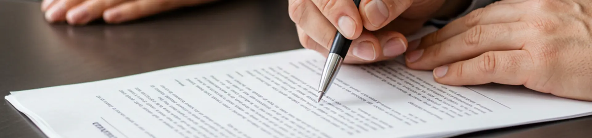 Close-up of two people at a table, one signing a document with a pen. The other person observes, with papers in the background.