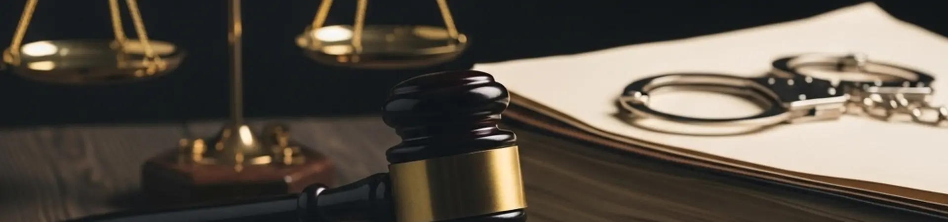 Weegschaal, hamer gerechtshof, handboeien en documenten liggen op tafel