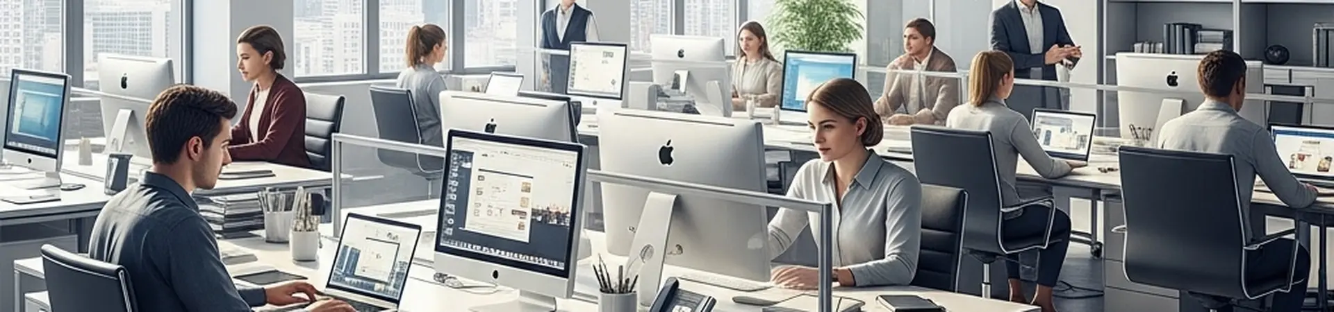 Een kantoor met meerdere werknemers en supervisors die aan het werk zijn