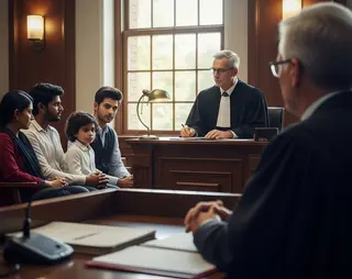 Een familie die bij de rechter staat in verband met problemen in het asielrecht