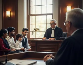 Een familie die bij de rechter staat in verband met problemen in het asielrecht