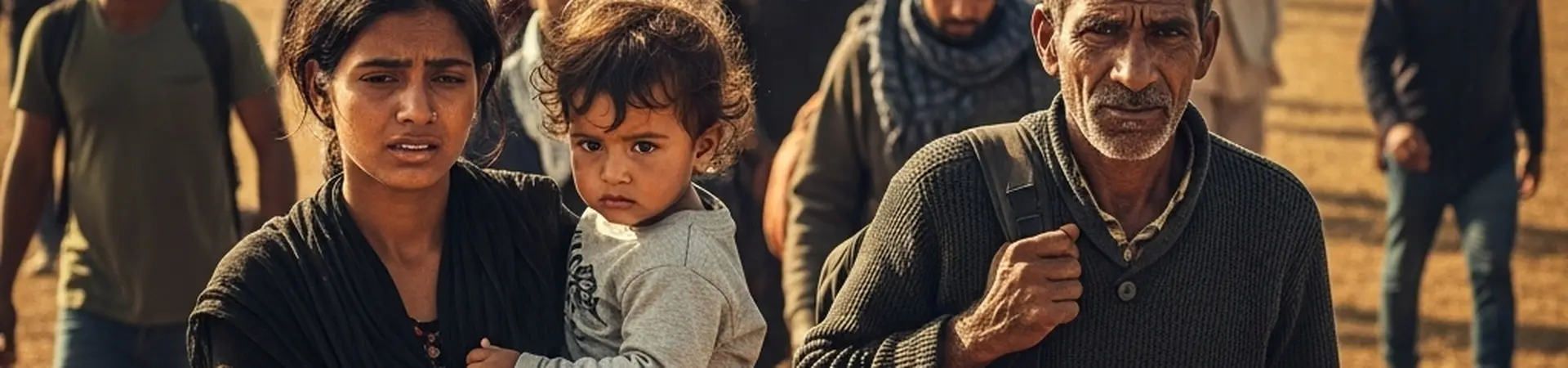 Een foto van meerdere mensen die aan het migreren zijn in slechte omstandigheden