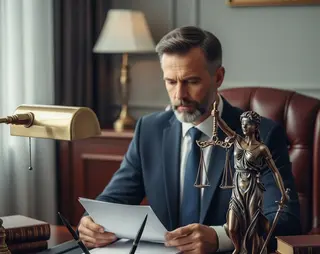 Advocaat die aan het werk is, zittend aan een bureau. Op dit bureau is een beeldje te zien van vrouwe justitia