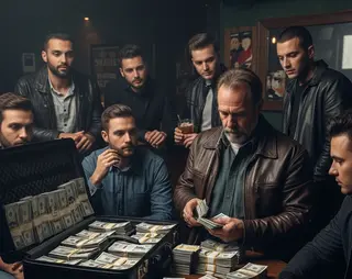 Een man met een koffer vol geld met hieromheen meerdere mensen die bekijken hoe het geld geteld word
