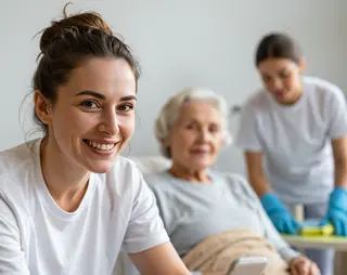 Young woman smiling and holding a phone, seated next to an elderly woman in bed, with a nurse attending in the background.