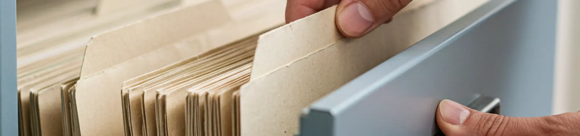 Hands organizing folders in an open filing cabinet drawer, with neatly arranged documents in beige folders.
