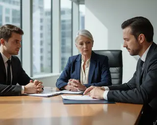 Drie mensen die aan een bestuurstafel zitten te vergaderen over een verbintenis