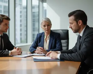 Three business professionals in suits have a serious meeting around a conference table in a modern office with large windows.