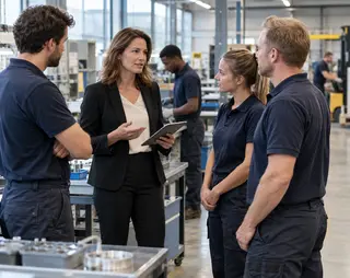 Vrouw in pak overlegt met drie mensen in werkkleding in een fabriekshal. Persoon met tablet. Werktafels op achtergrond.