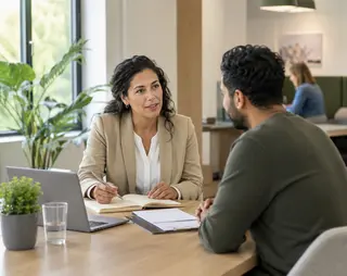 Two professionals sit across a table discussing, with a laptop and documents in front of them in a modern office setting.