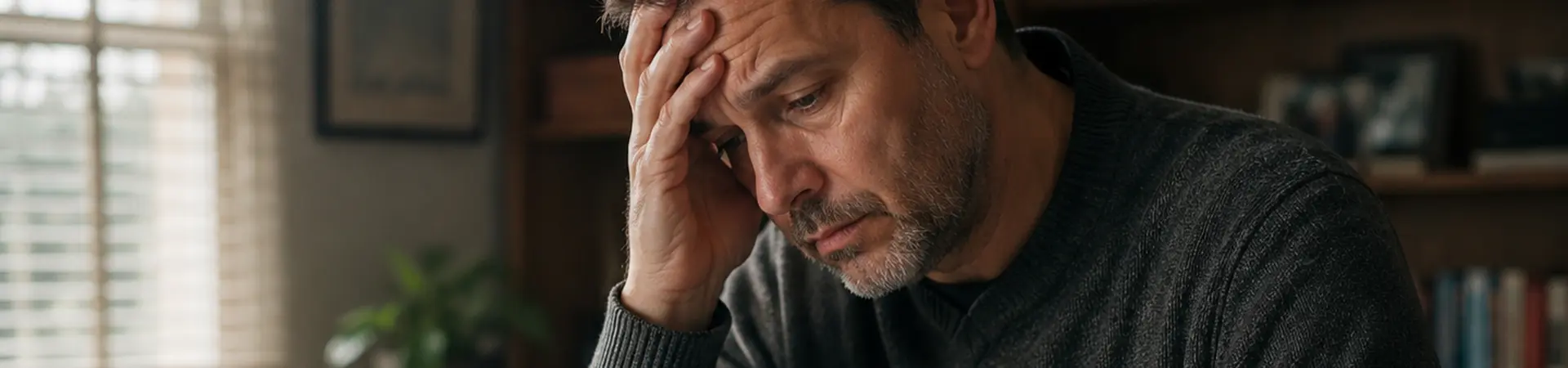 Man in a dark sweater looks stressed, holding a mug beside a laptop, with papers and a tissue box on the desk in a cozy room.