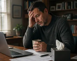 Man in a dark sweater looks stressed, holding a mug beside a laptop, with papers and a tissue box on the desk in a cozy room.