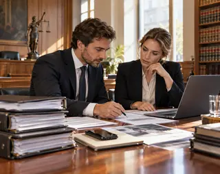 Twee professionals in pak bekijken documenten aan een bureau in een rechtbankachtige omgeving, met stapels ordners en een laptop in de buurt.