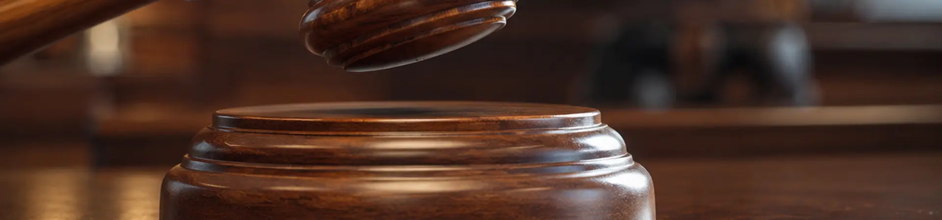 A wooden judge's gavel poised above a sound block, set in a richly decorated courtroom with bookshelves in the background.