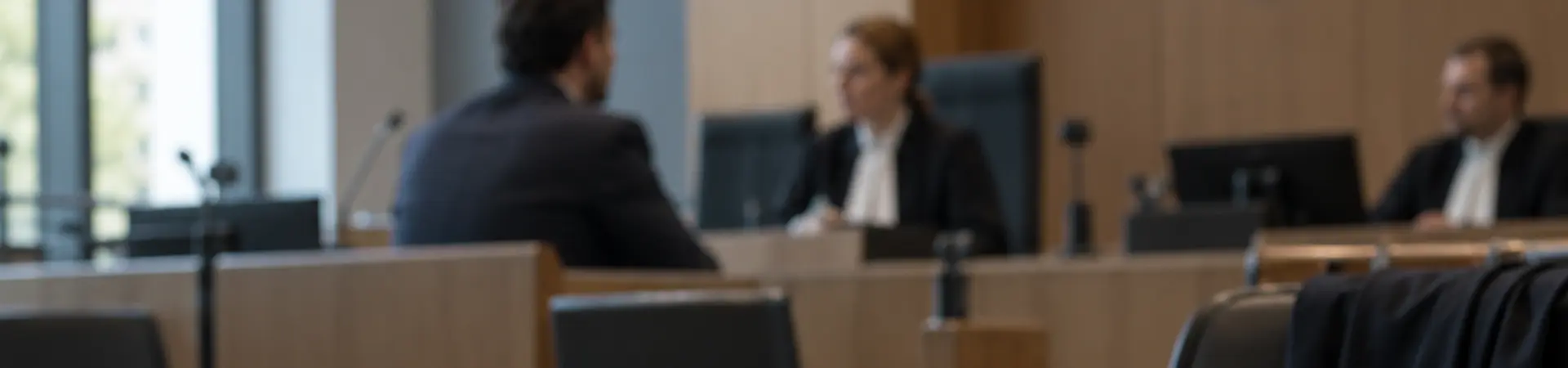 A courtroom scene with a gavel, books, handcuffs on a table, and two people in legal attire in the background discussing.