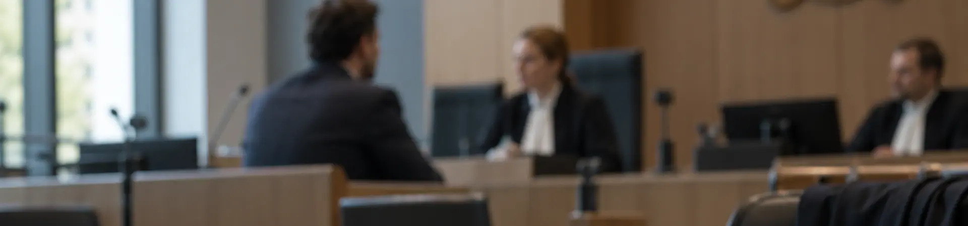 A courtroom scene with a gavel, books, handcuffs on a table, and two people in legal attire in the background discussing.