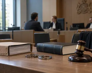 A courtroom scene with a gavel, books, handcuffs on a table, and two people in legal attire in the background discussing.