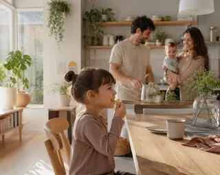 A family in a bright kitchen; a girl eats at the table; a couple in the background interacts with a baby, surrounded by plants and decor.