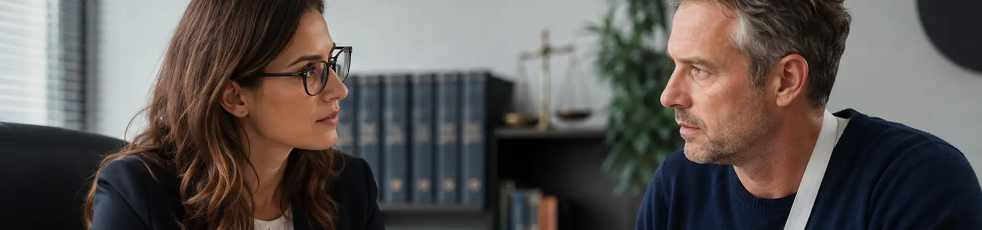 A man with an arm in a sling consults with a woman in an office setting, surrounded by paperwork and bookshelves.