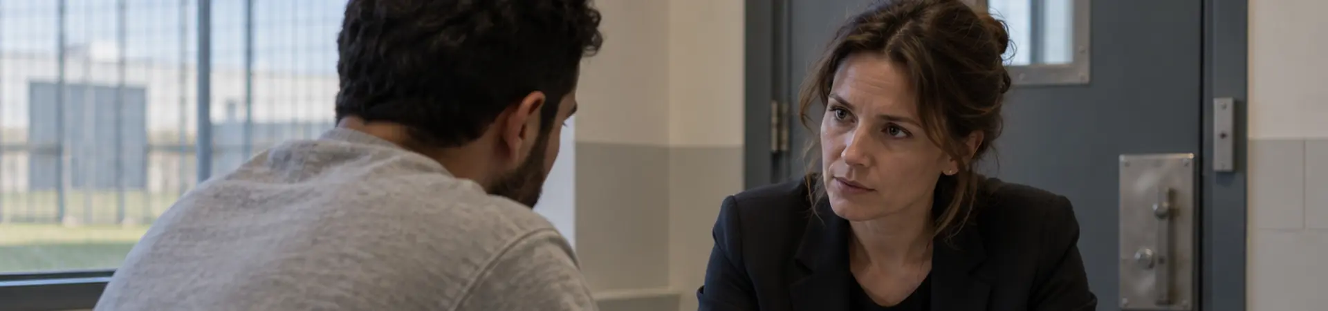 Een vrouw in een zwarte blazer zit tegenover een man in een grijze trui aan een tafel, met documenten in een verhoorkamer.