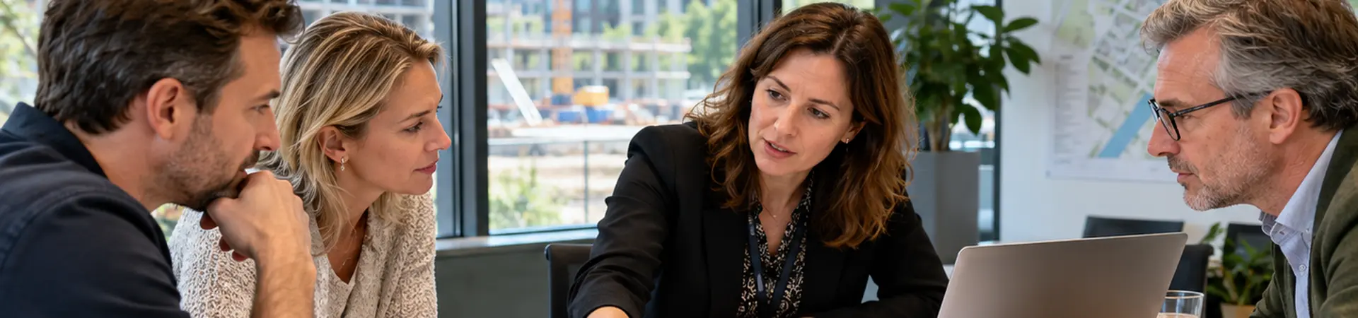 Vier mensen bespreken bouwplannen aan een tafel vol blauwdrukken en documenten; buiten zijn bouwkranen zichtbaar door het raam.