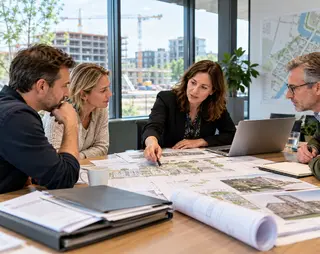 Vier mensen bespreken bouwplannen aan een tafel vol blauwdrukken en documenten; buiten zijn bouwkranen zichtbaar door het raam.
