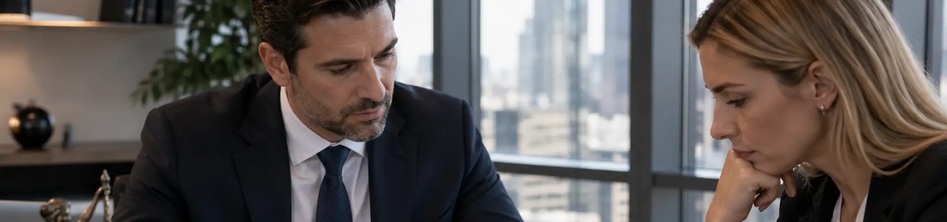 Two professionals in suits discuss a document at a desk with an open laptop, legal scales, and cityscape visible through large windows.