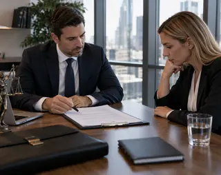 Two professionals in suits discuss a document at a desk with an open laptop, legal scales, and cityscape visible through large windows.