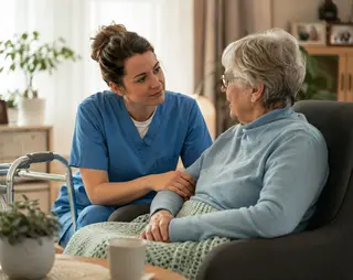 A caregiver in blue scrubs sits beside an elderly woman in a cozy room, engaging in a warm conversation. A walker sits next to them.