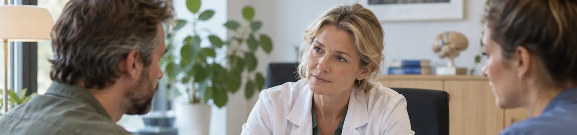 Dokter luistert aandachtig naar een man en vrouw tijdens consult in een kantoor met planten en boeken op de achtergrond.