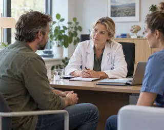 Dokter luistert aandachtig naar een man en vrouw tijdens consult in een kantoor met planten en boeken op de achtergrond.