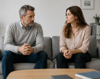 A man and woman sit on a couch in a serious conversation, in a modern living room with a plant and bookshelf in the background.