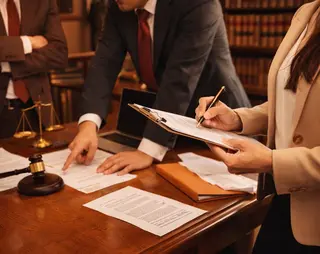 Three people in formal attire reviewing legal documents at a wooden table. A gavel, scales of justice, and books are visible in the background.