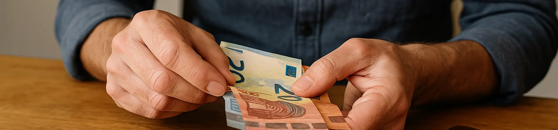Man telt zijn geld aan de keukentafel.