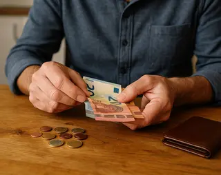 Man telt zijn geld aan de keukentafel.