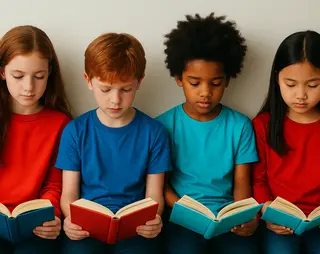 Vier kinderen lezen uit een boek.