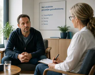 A man sits in a counseling session with a therapist, a clipboard in hand, discussing mental health, as a sign with Dutch text is visible on the wall.
