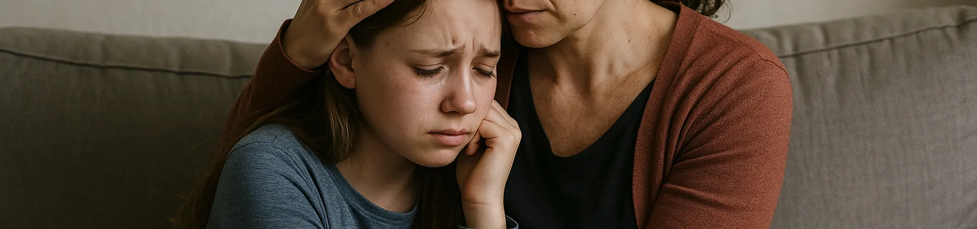 Vrouw troost dochter op bank