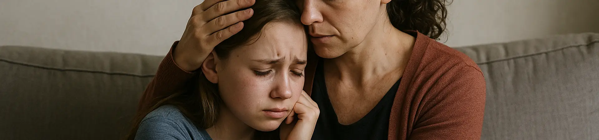 Vrouw troost dochter op bank