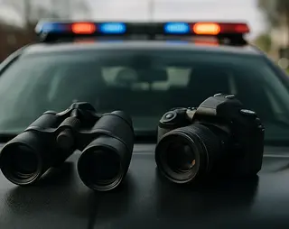 verrekijker en camera liggen op een politie auto