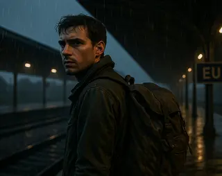 Een jonge man met een afgedragen rugzak staat in de schemering op een verlaten treinstation aan de grens van Europa. Regen striemt zacht tegen de metalen overkapping.