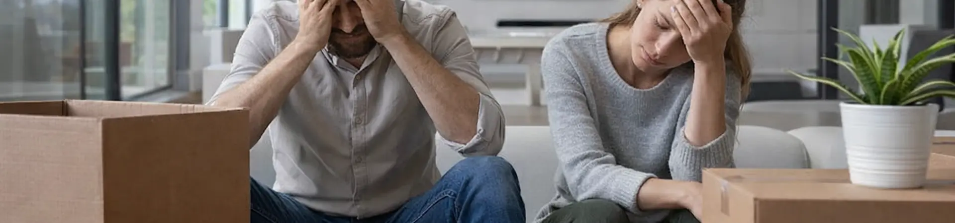 A man and woman sit among unpacked moving boxes, both looking stressed, with their hands on their foreheads. A plant is on a nearby box.