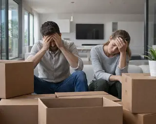 A man and woman sit among unpacked moving boxes, both looking stressed, with their hands on their foreheads. A plant is on a nearby box.