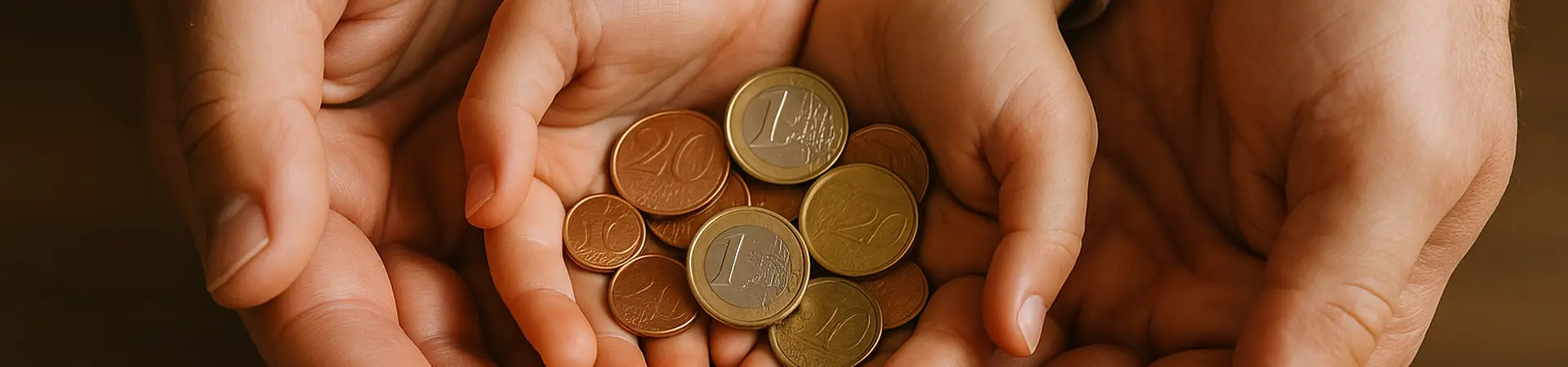 Een kind legt zijn handen in die van een volwassen. In de handen van het kind ligt geld.