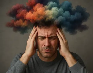 Man houdt zijn handen bij zijn hoofd. Er zweven wolken boven zijn hoofd.
