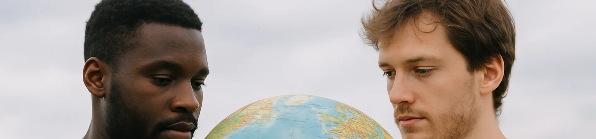 Twee mensen houden een wereld bol vast samen