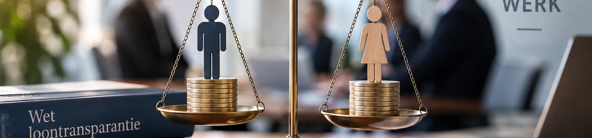 Scales with male and female symbols, equal weights of coins, surrounded by books on transparency and labor law, with blurred office setting.
