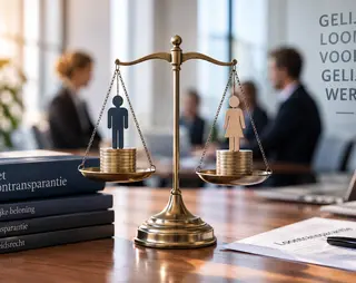 Scales with male and female symbols, equal weights of coins, surrounded by books on transparency and labor law, with blurred office setting.