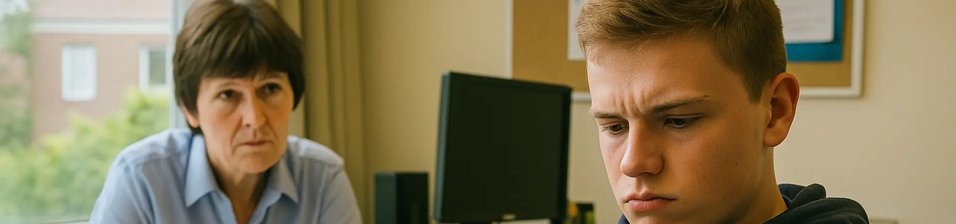 Jongen kijkt boos en zit op stoel bij de directeur